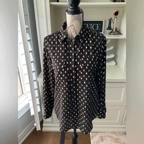 WHO WHAT WEAR Gold White Dot Button Up Long Sleeve Blouse Black Womens SZ Small - Picture 10 of 13
